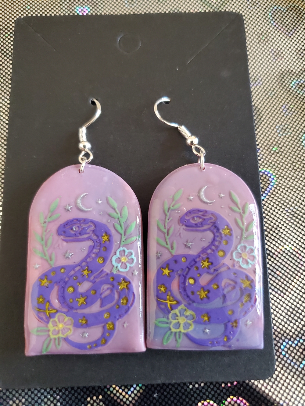 Lavender Themed Snake Dome Earrings - Purple Snake Motif - Picture 2 of 3